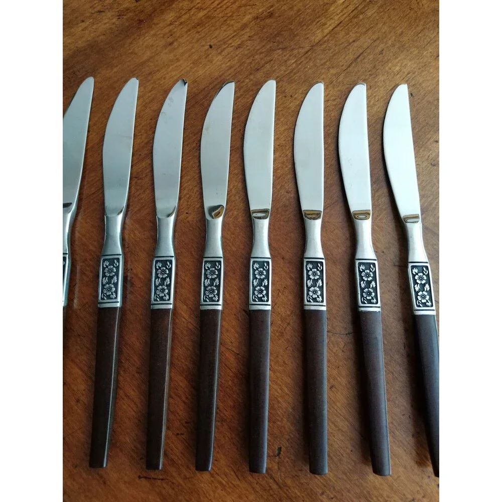 Lot 8x Dinner Knives Ekco Eterna La Joya Stainless Faux Wood MCM EKS14 8.8